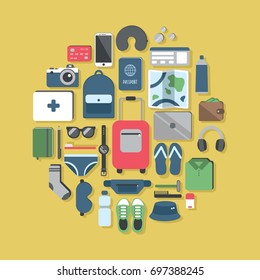 Vector travel set. Passport, phone, credit card, wallet, laptop, bag, first aid kit, socks, sleeping mask, suitcase, sunglasses etc.