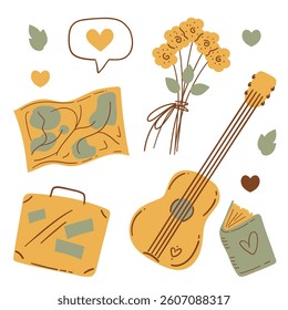 Vector travel set with suitcase guitar bouquet flowers map book message, simple flat design retro muted colors yellow mint brown, vacation adventure journey holiday trip exploration romantic illustrat