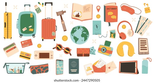 Vector travel set. Tourism accessories collection. Trip elements isolated on white background. Holiday weekend vacation. Flat illustration.