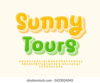 Vector travel sign Sunny Tours. Yellow handwritten Font. Cute 3D Alphabet Letters and Numbers set.