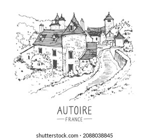 Vector travel sketch of Autoire, France. Hand drawing of old town. The most beautiful villages in France. Hand drawn travel postcard. Urban sketch in black color isolated on white background. 