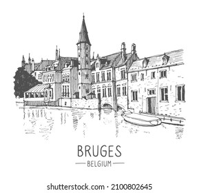 Vector travel sketch of Bruges, Belgium. Historical building line art. Freehand drawing. Hand drawn travel postcard. Hand drawing of Bruges. Urban sketch in black color isolated on white background.