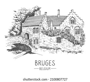 Vector travel sketch of Bruges, Belgium. Hand drawing of Bruges. Urban sketch in black color isolated on white background. Historical building line art. Freehand drawing. Hand drawn travel postcard.