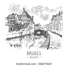 Vector travel sketch of Bruges, Belgium.  Hand drawing of Bruges. Urban sketch in black color isolated on white background. Historical building line art. Freehand drawing. Hand drawn travel postcard.