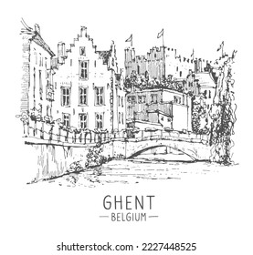 Vector travel sketch of Ghent, Belgium. Historical building line art. Freehand drawing. Hand drawn travel postcard. Hand drawing of Ghent. Urban sketch in black color isolated on white background.