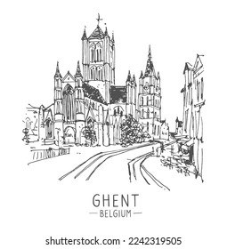 Vector travel sketch of Ghent, Belgium. Historical building line art. Freehand drawing. Hand drawn travel postcard. Hand drawing of Ghent. Urban sketch in black color isolated on white background.