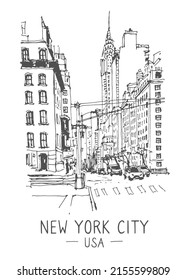 Vector travel sketch illustration. Travel sketch of the street in New York, USA. Liner sketches architecture of houses and buildings. Freehand drawing. Sketchy line art drawing with a pen on paper.