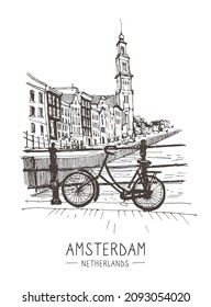 Vector travel sketch. Liner sketches homes of Amsterdam, Holland, hand drawing sketch, graphic illustration. Hand drawn travel postcard.  Urban sketch in black color isolated on white background.