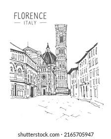 Vector travel sketch. Liner sketches of a street in Florence, Italy, hand drawing sketch, graphic illustration. Hand drawn travel postcard. Urban sketch in black color isolated on white background.