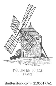 Vector travel sketch of Moulin de Boisse, France. Hand drawing of a moulin. Liner sketch in black color isolated on white background. Sketchy line art drawing with a pen on paper. 