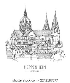 Vector travel sketch of St. Peter 's Church of Heppenheim, Bergstrasse, Germany. Freehand drawing. Hand drawn travel postcard. Urban sketch in black color on white background. Building line art.