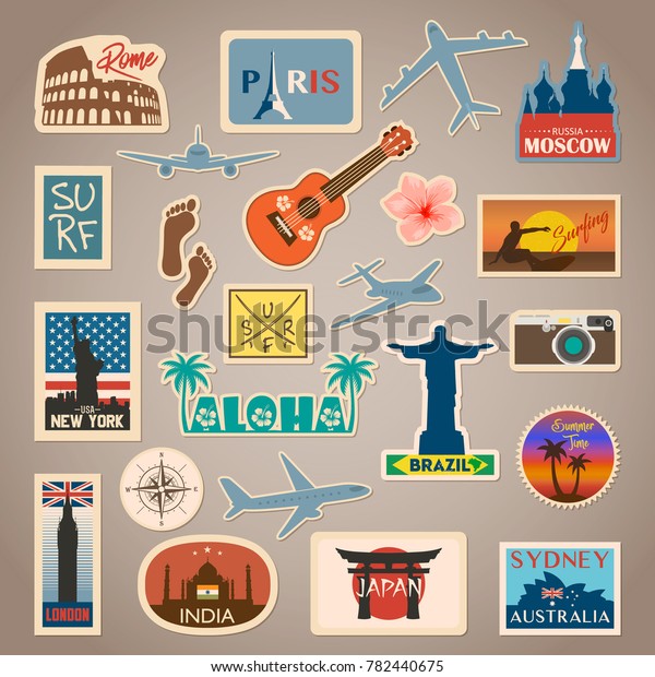Vector travel sticker and label set with famous\
countries, cities, monuments, flags and symbols in retro or vintage\
style. Includes Italy, France, Russia, USA, England, India, Japan\
etc