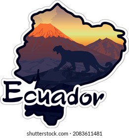 Vector travel sticker with Mountain Lion Puma Cougar in volcanoes mountains - Ecuador, South America	