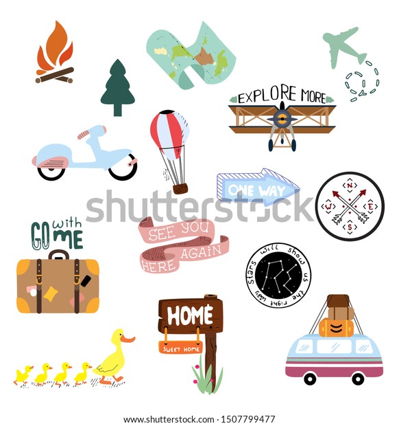 Vector travel stickers. Beautiful \
travel Icons for your design. Vintage hand draw\
elements.
