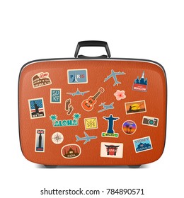 Vector travel stickers, labels with famous countries, cities, monuments and symbols on suitcase in retro vintage style isolated on white. Includes Italy, France, Russia, USA, England, India, Japan etc