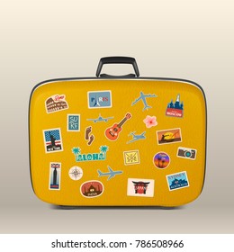 Vector travel stickers, labels with famous countries, cities, monuments and symbols on suitcase in retro vintage style isolated on white. Includes Italy, France, Russia, USA, England, India, Japan etc