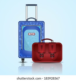 Vector travel suitcase on wheels and bag