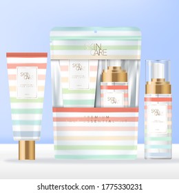 Vector Travel or Summer Beach Toiletries or Skin Care Set in Sachet or Packet Packaging with Rainbow Stripe Pattern Design.