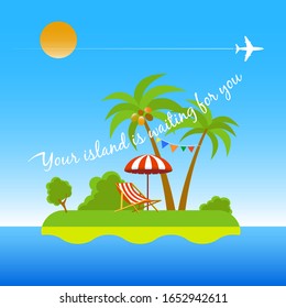 Vector travel and summer beach vacation relax icon.Landscape with wooden chaise lounge, palm tree on beach and flying airplane . Umbrella. Day in tropical place. illustration in flat style.
