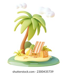 Vector travel and summer beach vacation relax illustration. Deck chair on sandy sea beach, palm tree, flip-flops and beach ball