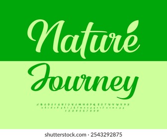 Vector travel template Nature Journey. Digital Calligraphic Font. Green Alphabet Letters and Numbers set.