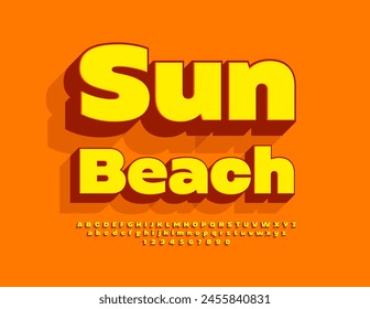 Plantilla de viaje en Vector Sun Beach. Fuente 3D amarilla. Conjunto brillante de letras y números de alfabeto con estilo.