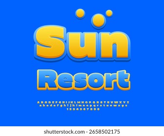 Modelo de viagem vetorial Sun Resort. Fonte amarela e azul em negrito. Moda legal alfabeto letras definido. 