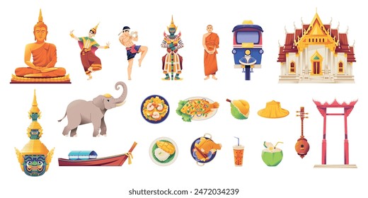 Vector Travel Thailand Cartoon Traditional Culture Set Illustration Isolated