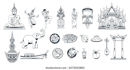 Vector Travel Thailand Cartoon Traditional Culture Set Illustration Isolated