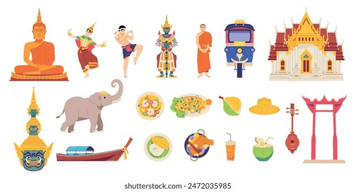 Vector Travel Thailand Cartoon Traditional Culture Set Illustration Isolated