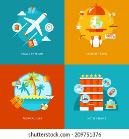 Iconos de viajes vectoriales y turismo establecidos para el diseño web y aplicaciones móviles. Ilustración para viajar en avión, islas tropicales, servicios hoteleros y el gusto por viajar