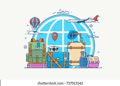 Vector travel and transportation concepts in trendy linear style