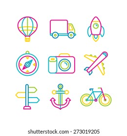 Vector travel and transportation icons in trendy bright linear style - vacation and exploration symbols and signs