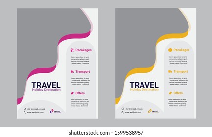 Vector travel tri-fold brochure with 3d scene with paper cut objects (airplane, clouds and ribbon). Template in paper style for design of flyers, booklets, leaflets. Carving art with blue background.