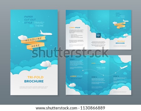 Vector travel tri-fold brochure with 3d scene with paper cut objects (airplane, clouds and ribbon). Template in paper style for design of flyers, booklets, leaflets. Carving art with blue background.