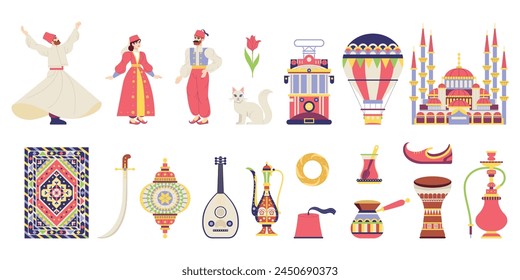 Vector Travel Turkey Symbols Cartoon Set Illustration Isolated