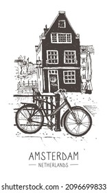 Vector travel urban sketch of house and bike in Amsterdam. Liner sketch of Amsterdam, Holland, hand drawing sketch, graphic illustration in black color isolated on white background. Travel postcard.