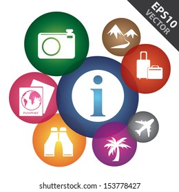 Vector : Travel, Vacation, Holiday or Travel Business Concept Present By Blue Information Icon With Group of Colorful Travel Icon Around Isolated on White Background 