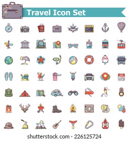 Juego de iconos de viajes y vacaciones de vectores