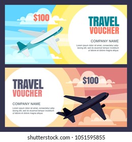 Vector travel voucher template. 3d isometric illustration of flying airplane. Day and night flight. Concept for vacation, travel agency, sale ticket. Banner, coupon, certificate, flyer, ticket layout