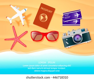 Vector travel web banner.  Vacation, adventure background or template for  journey. Top view Illustration of  essential tourist items on sandy beach,passport international, tickets,sunglasses,starfish