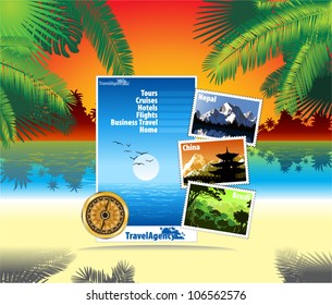 Vector Travel Website Design Template With Palms And Evening Sea