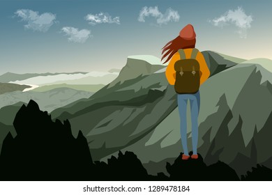 vector of traveler alone woman backpacker standing on top of mountains