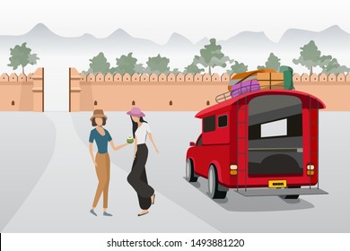 vector of traveler friendship design with red minibus and brick wall tha pae gate at chiangmai tourist attraction chiang mai in thailand svg