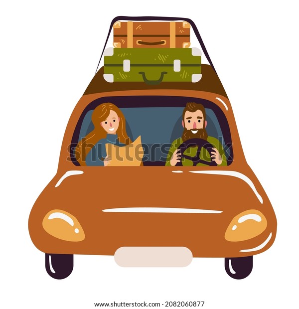 Vector travelers in the car with baggage. Couple
car travel