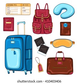 Vector traveler's set of passenger luggage, accessories and equipment. Travel stuff illustration 