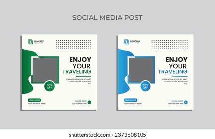 Vector traveling social media post design. editable square banner for social media. traveling agency post template.