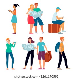 Vector travelling people concept set. Male, female characters with backpack, vintage travel bag, cat carrier with pet, standing making route at map, elderly woman making selfie.