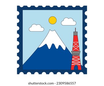 Vector travelling stickers. Travelling stamps with famous landmarks of the world. Mountain Fuji stamp with white background. Mount Fuji Japan famous landmark stamp sticker.