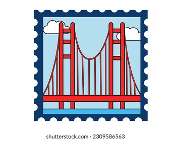 Vector travelling stickers. Travelling stamps with famous landmarks of the world. Golden Gate Bridge stamp with white background. San Fransisco famous landmark stamp sticker.